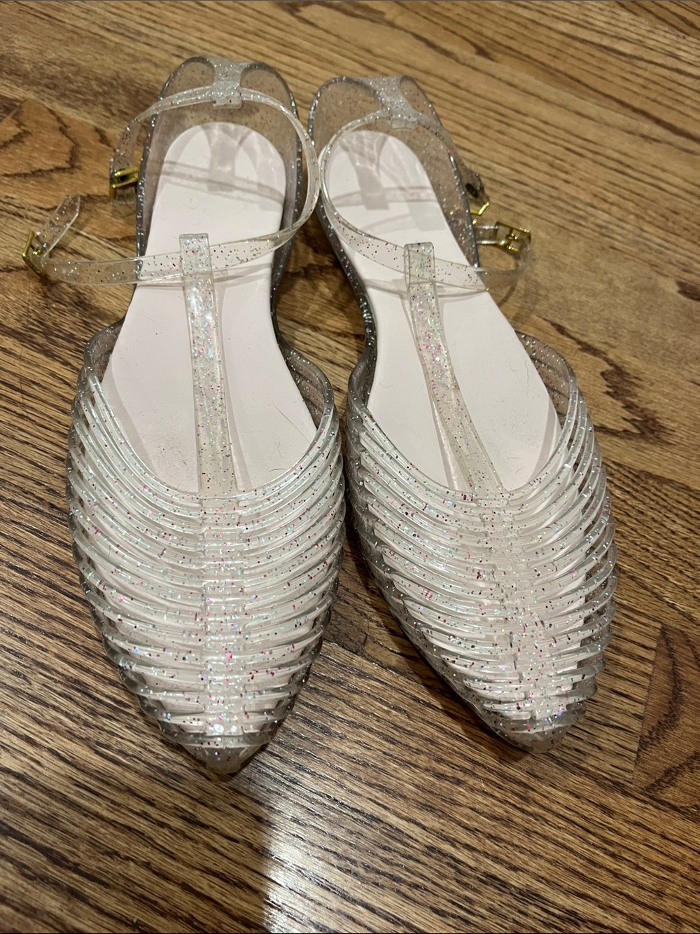 Clear Glitter Pointed T-Strap Sandals for Women